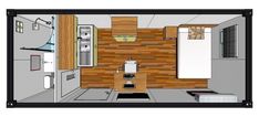 a drawing of a small kitchen and living room in a tiny house with wood paneling