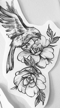 a black and white drawing of a bird with flowers on it's back side