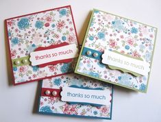 three thank you cards with flowers on them, one has a name tag and the other says thanks so much