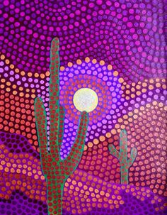 a painting of a cactus in front of a purple background with circles and dots on it