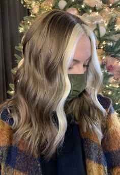 Light Brown Hair With Two Blonde Strands, Platinum With Peekaboo Color, Small Blonde Streaks In Brown Hair, Blonde Halo Hair Color With Brown, Brown Under Blonde Hair, Split Dyed Hair Brown And Blonde, Money Peice Hair Ideas, Light Brown Hair With Money Piece, Halo Hair Colors