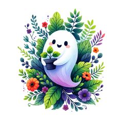 a white ghost holding a potted plant surrounded by leaves and flowers on a white background