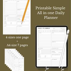 the printable simple all in one daily planner is shown with four pages and a pencil