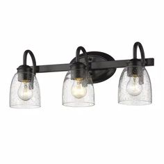 three light bathroom fixture with clear glass shades and black metal frame, on an isolated wall