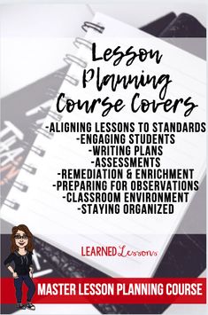 a poster with the words lesson planning courses and an image of a woman standing in front of