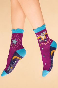 The stars have aligned and the Powder Zodiac socks are ready to transport your feet to a galaxy far far away! With cute designs for every star sign, show off your cosmic characteristics with the super-soft bamboo socks. These cute designs are perfect for gifting, as each pair comes with a gorgeous gift bag for that special someone. As long as you remember their birthday, you can send something thoughtful and practical! See the images to check which star sign matches their birthday! Women's 6-11 Active Wear Dresses, Rosé Sister, Maxi Romper, Bamboo Socks, Purple Shoes, Taurus Zodiac, Co Design, Star Sign, Gorgeous Gift