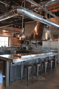 an industrial kitchen with stainless steel appliances and stools