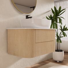 a bathroom with a sink, mirror and potted plant on the floor next to it