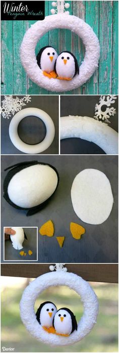 the instructions for how to make a penguin wreath