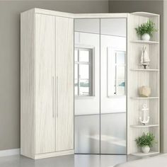 a white closet with shelves and plants in the corner, next to a wall mounted mirror