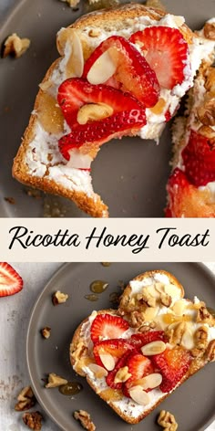 two pictures with strawberries and toast on the top one has a bite taken out of it