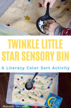 a close up of a child's hand holding a spoon and scooping sand into a container