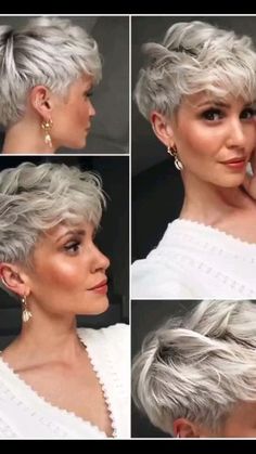 Shag Hairstyles For Short Hair, Hair Color 2023 For Short Hair, Pixies For Fine Hair 2023, Short Stacked Pixie Bob, Short Haircuts Trendy, Short Platinum Blonde Hair Dark Roots, Long Pixie Mullet Haircut, Above Ear Haircut Women, Messy Short Hair Pixie