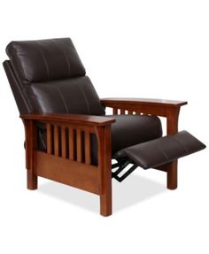 a wooden recliner chair with brown leather upholstered seat and footrests