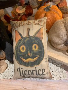 a black cat pillow sitting on top of a table next to pumpkins and other decorations