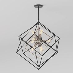 a modern chandelier with six lights hanging from it's center, and an octagonal