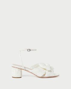 Loeffler Randall | Dahlia White Lace Bow Heel l Heeled Sandals l Footwear Leopard Print Sandals, Loeffler Randall Shoes, Floral Heels, Bridal Sandals, Mid Heel Sandals, Bridal Heels, Lace Heels, Cream Fabric, Leather Heels Sandals