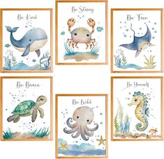 four watercolor paintings of sea animals with words on them