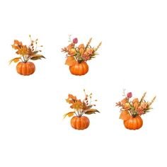 four small pumpkins with flowers in them