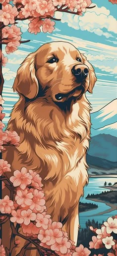 a golden retriever dog sitting in front of flowers and trees with mountains in the background