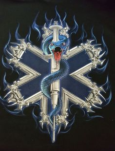 a cross with a snake on it and flames around the cross, as well as an arrow