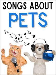 two dogs and a cat with headphones are singing into microphones that read songs about pets