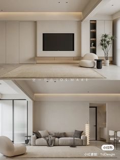 two pictures of a living room with white furniture and large screen tv on the wall