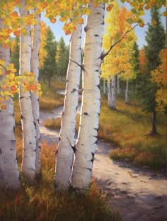 a painting of trees with yellow leaves in the foreground and a path between them