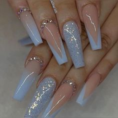 Quinceanera Nails, Blue Glitter Nails, Long Acrylic Nail Designs, Blue Acrylic Nails, Ombre Acrylic Nails, Coffin Shape, Coffin Shape Nails, Acrylic Nails Coffin Pink