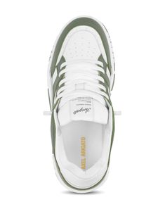 white/military green calf leather smooth grain panelled design logo patch at the tongue perforated toebox round toe front lace-up fastening branded insole flat rubber sole Axel Arigato Shoes, Arigato Sneakers, 90s Basketball, Axel Arigato Sneakers, Sneakers Green, Ysl Sandals, Axel Arigato, Luxury Sneakers, Custom Watch