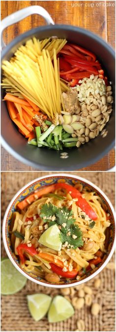 two pictures showing different types of food in a bowl and on the same side, there is