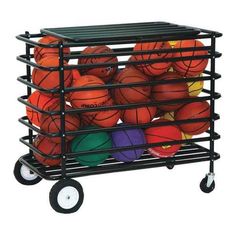 a cart filled with basketballs and balls