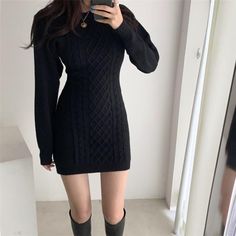 Robe pull-over moulante pour femme-Noir-One Size- - Belishop Plaid Jacket Women, Egirl Outfits, School Outfit Women, Bodycon Sweater Dress, Y2k Aesthetic Outfits, Korean Dress, Sweater Dress Women, Knitted Dress, Hip Dress