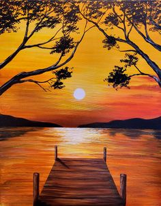 an acrylic painting of a sunset over a lake with a dock and trees