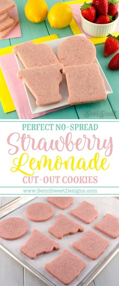 strawberry lemonade cut out cookies on a tray with strawberries and lemons in the background