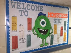 a bulletin board with an image of monsters on it and the words, welcome to monsters shu