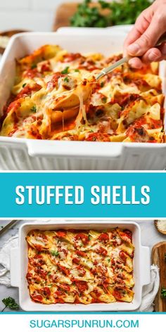 two images showing different types of stuffed shells with text overlay that says stuffed shells