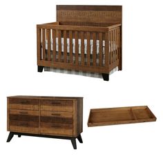 a baby crib and dresser are shown next to each other