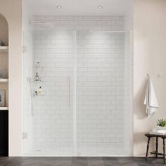 a bathroom with a walk in shower next to a sink