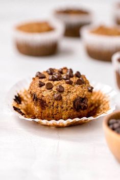 a muffin with chocolate chips on top sits in a paper plate next to other muffins