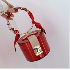 Scarf Decoration Circle Handle Acrylic Clutch Bag Women Small Transparent Pvc Handbag Red Shoulder Bag With Round Handle For Daily Use, Trendy Red Box Bag For Gifts, Trendy Red Box Bag As Gift, Red Shoulder Bag With Detachable Round Handle, Red Bucket Box Bag For Everyday, Bucket Box Bag With Detachable Strap For Gift, Bucket Box Bag With Detachable Strap As Gift, Red Bags With Detachable Strap And Round Handle, Red Bucket Shoulder Bag With Adjustable Strap