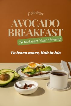 avocado breakfast on a table with coffee and other food items in front of it