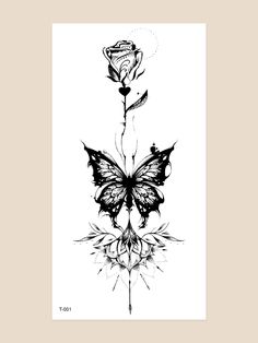 a black and white drawing of a butterfly with a rose on it's back