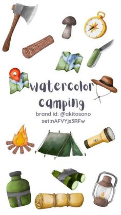 watercolor camping clipart set with tent, campfire, fire hydrant and other items