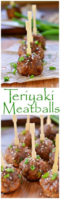 several meatballs with toothpicks in them on a wooden board and the words teriyaki meatballs above it