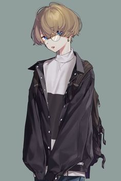 an anime character wearing glasses and a black jacket with white collar, standing in front of a gray background