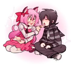 two people sitting next to each other on the ground with pink hair and black clothes