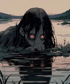 a girl is submerged in the water with red eyes