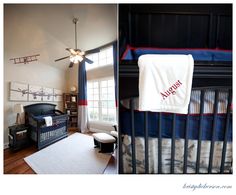 a baby's room is decorated in navy and white