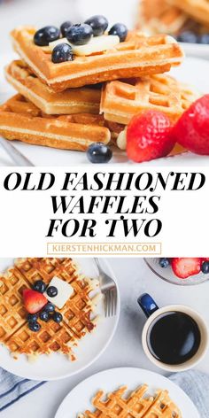 old fashioned waffles for two with strawberries and blueberries on the side